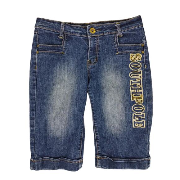 Y2K SOUTHPOLE Embellished Denim Bermuda Jean Shorts Women's 7 28x12 Rhinestone - Picture 1 of 7
